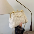 Retro cream woven shell bag with gold clasp and metal handle for women's crossbody - Off White