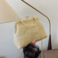 Vintage beige straw shell bag with golden kiss-lock closure and metal chain strap - Khaki