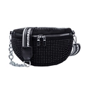 Sparkly black rhinestone waist bag with wide branded strap and silver chain detail - Black