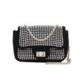 Sparkly rhinestone chain crossbody bag in black suede with silver metal twist lock - Silver