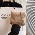 Beige woven straw crossbody bag with silver chain strap for summer beach fashion - Dark Khaki