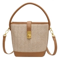 Große Boho Stroh-Beuteltasche mit braunem Kunstlederbesatz und goldenem Drehverschluss - Dunkelbraun