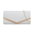 Elegant white sequin clutch bag with V-shaped gold metal trim and chain strap - Glitter White