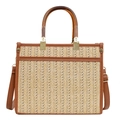 Retro Strohtasche mit bernsteinfarbenen Harzgriffen und braunem Lederbesatz für den Strand - Hellbraun