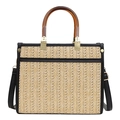Vintage beige Strohtasche mit schwarzem Rand und braunen runden Harzgriffen für Damen - Schwarz
