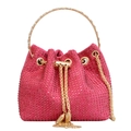 Sac seau chic en strass rose rouge avec poignée dorée et détails de pompons - Rose rouge