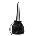 Funkelnde schwarze Pailletten-Beuteltasche mit Kordelzug und schmalen Schultergurten - Schwarz
