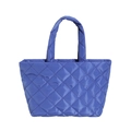 Bright blue quilted puffer tote bag with diamond stitching and soft padded top handles - Blue