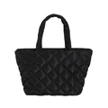 Large capacity black quilted nylon tote bag with elegant rhombus pattern and glossy finish - Black
