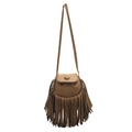 Sac bandoulière en daim marron avec franges décoratives et rabat arrondi élégant - Kaki Foncé