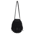 Sac bandoulière chic en simili daim noir avec longues franges et boucle ronde - Noir