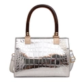 Chic silver crocodile embossed tote bag with vintage wood-style top handles and shiny finish - Silver