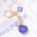 Porte-clés sac de fortune doré orné de cristaux bleus avec le symbole Fu en gros plan - Sac de Chance Rouge Orangé