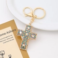 Golden hollow cross keychain with blue rhinestones and lobster clasp decoration - Cross Style 2
