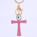 Portachiavi a croce dorata con strass rosa e un ciondolo in cristallo a goccia - Stile Strass Rosa (Stile 1)