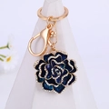 Blue enamel camellia flower keychain with gold edges and sparkling white rhinestones - Dark Blue (Style 3)
