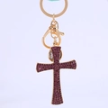 Portachiavi a croce religiosa con strass viola e moschettone in metallo dorato - Stile Strass Viola (Stile 4)
