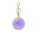 Close-up of purple faux rabbit fur pompom keychain with golden letter J diamond pendant - Purple J