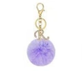 Detailed view of purple faux fur pompom keychain with crystal letter R pendant - Purple R