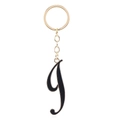 Letter I gold keychain with black enamel finish and polished metallic key ring - Letter J