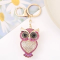 Detailopname van gouden uil sleutelhanger met roze strassteentjes en karabijnsluiting decor - Paars
