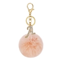 Pink faux rabbit fur pompom keychain with gold rhinestone letter A charm and lobster clasp - Letter A