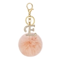 Pink faux fur pompom keychain with gold letter E and sparkling crystal rhinestones - Letter E / Pink