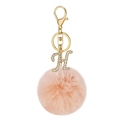Pink faux fur pompom keychain with gold rhinestone letter H pendant and lobster clasp - Letter H