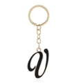 Letter V keychain in gold metal and black enamel with circular ring and chain - Letter V