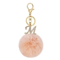 Pink faux fur pompom keychain with gold crystal letter M initial pendant - M