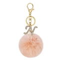 Pale pink faux fur pompom keychain with gold-tone rhinestone-encrusted letter N charm - Letter N