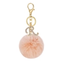 Pink faux rabbit fur pompom keychain with gold rhinestone-studded letter R alphabet - Letter R