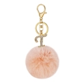 Pink faux rabbit fur pom pom keychain with a sparkling rhinestone letter T charm - Letter T