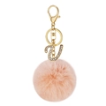 Pink fluffy faux rabbit fur ball keychain with gold crystal letter U pendant charm - Letter U