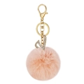 Plush peach pink faux fur ball keychain with gold crystal letter V charm pendant - Letter V