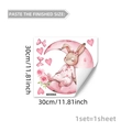 Glow-in-the-dark wall sticker featuring a bunny sleeping on a pink moon with dimension markings - Bunny on Moon (YCG20151)