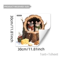 Detail of 30x30cm winter mice static window cling showing a cozy snow scene with gifts - Mice in Snow Tree Hollow (D20550)