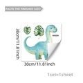 Close-up of cute watercolor blue dinosaur and green monstera leaf glow wall stickers - Dinosaur and Leaves (YCG20162)