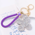 Portachiavi in pelle viola con ciondolo a quadrifoglio e anello in oro lucido - Quadrifoglio Viola Con Corda Intrecciata