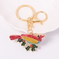 Detail of red rhinestone bird keychain with green enamel leaves and golden clasp - Rainbow Bird Style (Color 2)