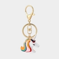 Golden unicorn keychain with colorful mane and lobster clasp on grey background - Rainbow Unicorn Style (A-011) / Colorful