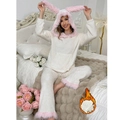 Sweet rabbit ear hooded coral fleece pajama set for women in cream white and pink trim - S / Beige