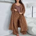 Chic 3-piece brown plush pajama set with checkerboard texture robe, top and wide pants - 1XL / Coffee Brown