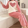 Set pigiama in pile caldo da donna con motivo a cuore e ricamo Love You - S / Rosa