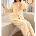 Dickes cremefarbenes Korallenvlies Pyjama-Set für Damen mit Zopfmuster Strickjacke - S / Beige