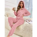 Detailed close-up of pink coral fleece jumpsuit with textured diamond pattern and zipper - S / Top And Bottom / Dusky Pink