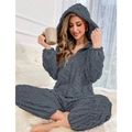 Detail of grey hooded fleece onesie with diamond texture and zip front for winter warmth - S / Top And Bottom / Gray