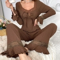 Lace-trimmed long-sleeve pajama set for women in dark brown with bow and pleated texture - S / Coffee Brown
