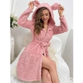Thick pink hooded coral fleece bathrobe with cute 3D ears and embossed heart pattern - S / Pink
