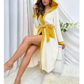 Women's hooded colorblock plush bathrobe in beige and yellow with belt and pockets - S / Apricot